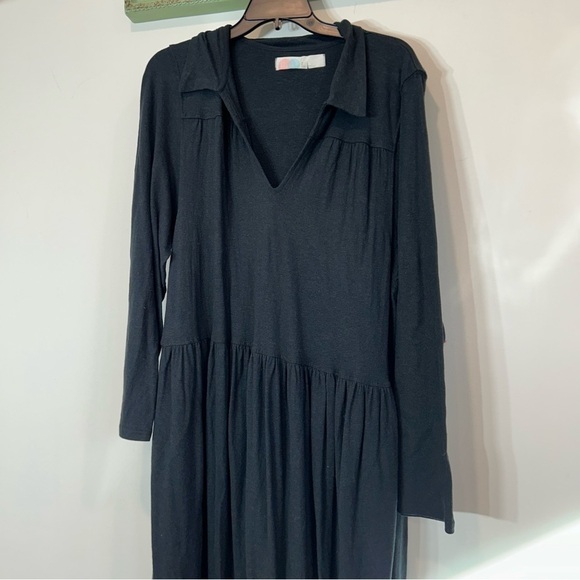 Free People Beach v neck collared long sleeve tiered maxi dress black oversized - Picture 3 of 7